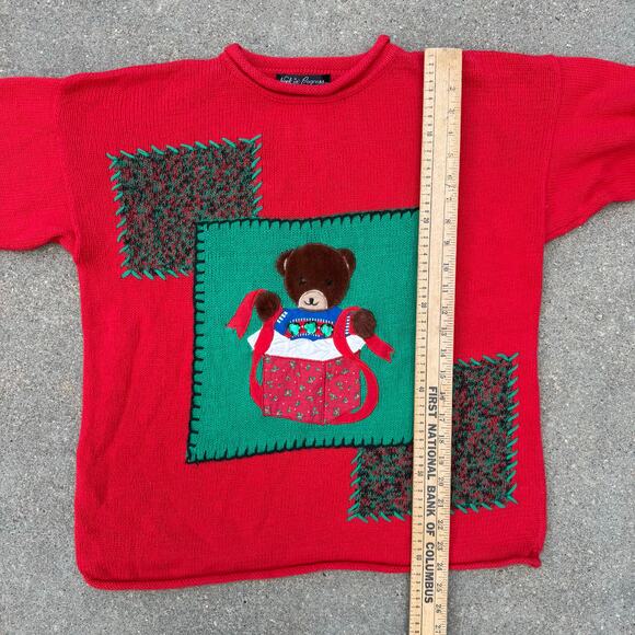 Vintage 90s Work in Progress Red Teddy Bear Christmas Sweater SMALL - Picture 7 of 8